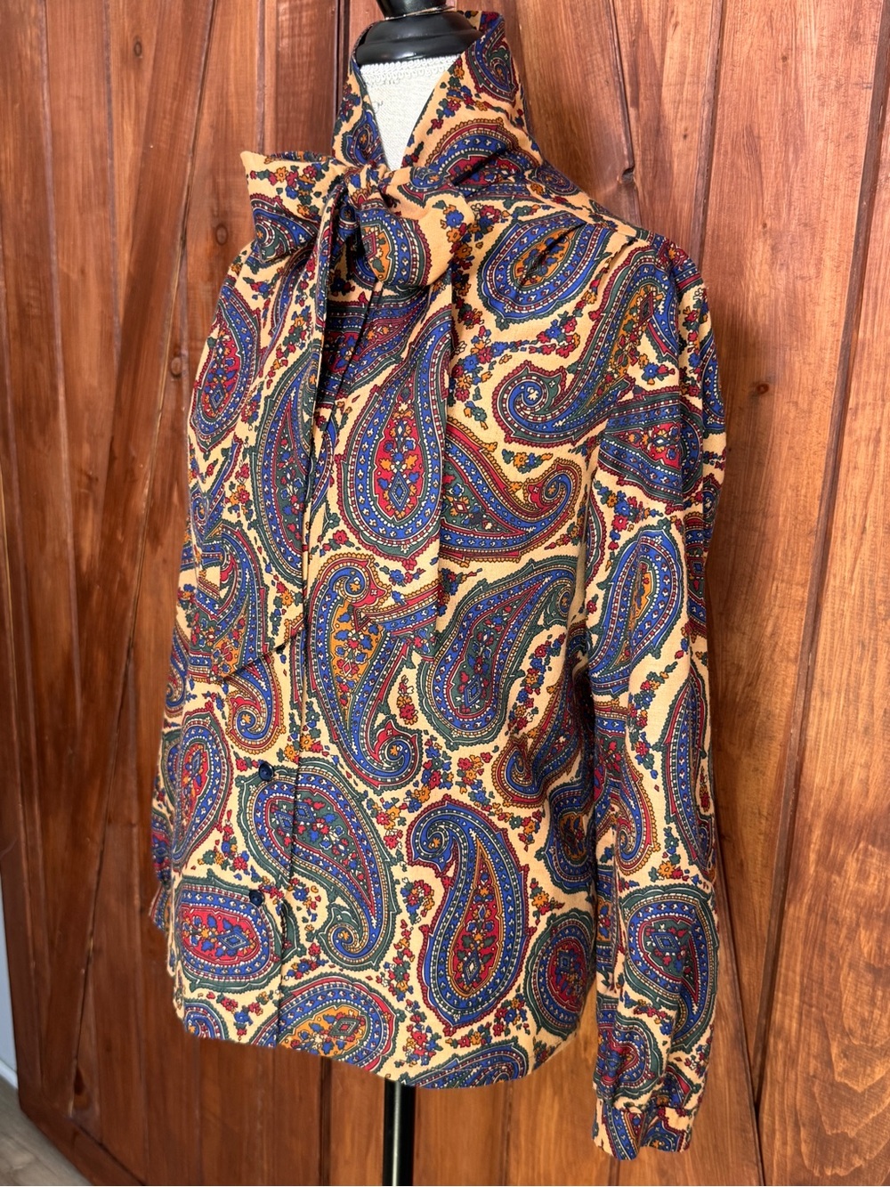 Vintage Paisley Tie-Neck Blouse by Vintage — Tan, Blue, Red - Picture 3 of 6